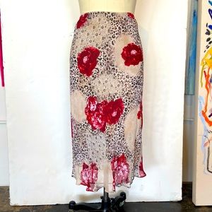 Vintage 90s Stretch Leopard and Rose Print Midi Skirt